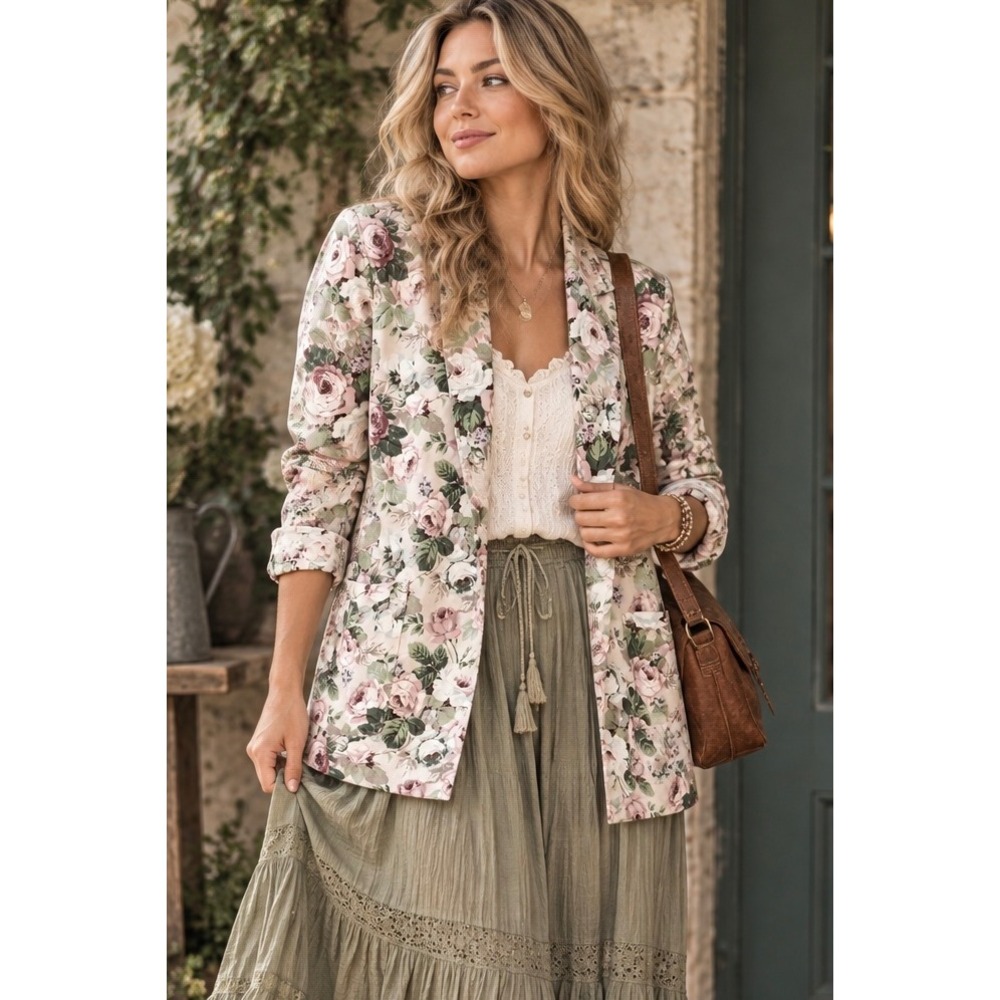 Vintage Floral Open Front Blazer Jacket Cottagecore Garden Grandma Size 2